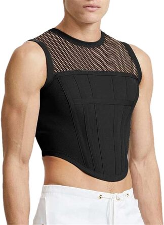 Чоловічі майки-топи з сіткою, пачворк, стилістріт, прозорі жилети, сексуальні, для вечірок та клубів, чорний