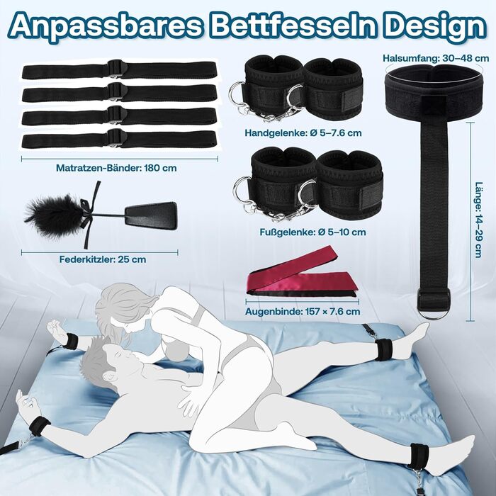 Набір для БДСМ-фетишу: комплект для пар, з наручниками, фіксаторами для ніг, пов'язкою на очі та пір'ям. Регульовані фіксатори від шиї до зап'ястя. Чорний колір.