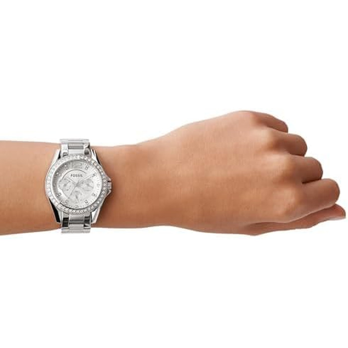 Жіночий наручний годинник Fossil Riley кварцовий хронограф зі сталевим або шкіряним ремінцем, сріблястий з блискітками, 38 мм