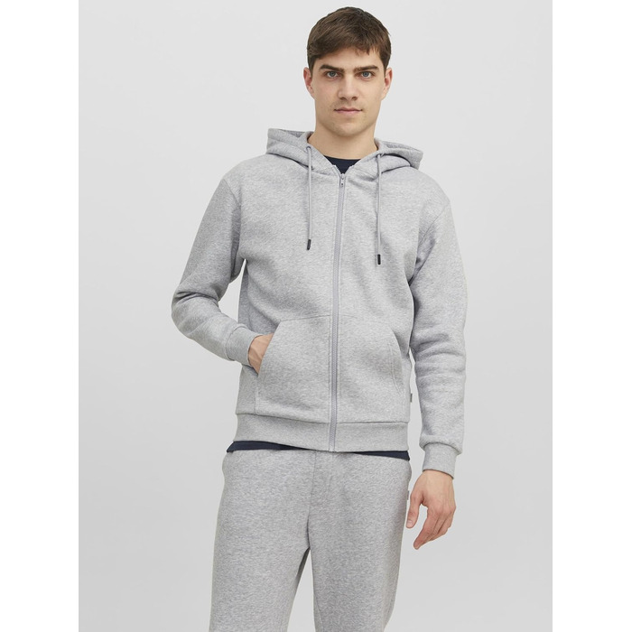Чоловіча толстовка з капюшоном та блискавкою Jack & Jones JJEBRADLEY Sweat Zip Hood, Relaxed Fit, світло-сірий меланж