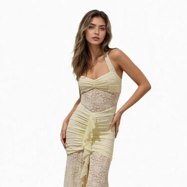 Сукня-максі Pitzenkleid прозора жовта, розмір S: ексклюзивний літній образ для вечірок та відпочинку