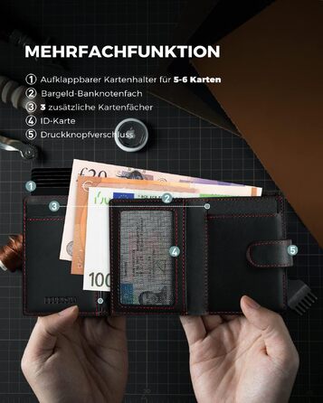 Чоловічий RFID гаманець-картхолдер DODENSHA з автоматичним pop-up механізмом, відділенням для монет та вікном для ID, алюмінієвий (Чорний-червоний)