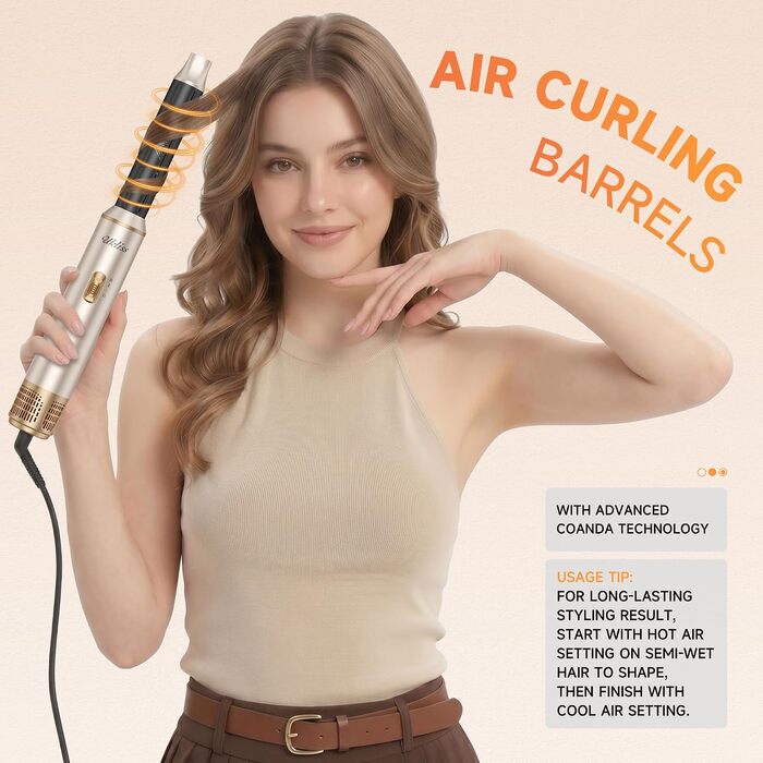 Мультистайлер для волосся 6 в 1 UKLISS Air Styler Set: фен-щітка, вирівнювач, локони та дифузор, 1000 Вт, LCD-дисплей, сріблясто-золотий