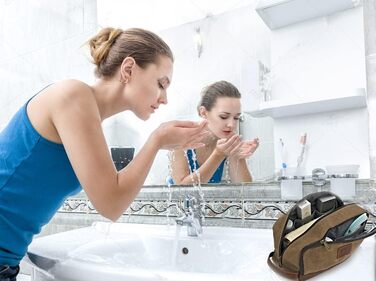 Дорожня косметичка для аксесуарів та гігієни з канвасу, складана сумка для туалетних речей та бритвеніх приладів, велика (28x16x14 см), коричнева