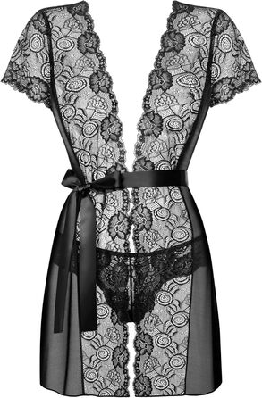 Сексуальний жіночий комплект білизни Selente Love & Fun: халат, танга/ніжна сорочка та шовкова маска для очей, чорний з квітковою мереживом (L-XL), Made in EU