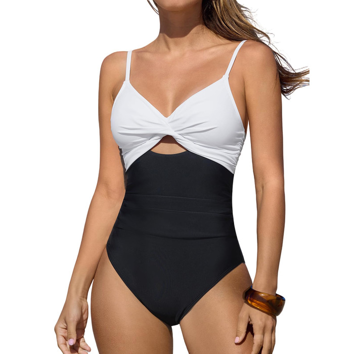 CUPSHE купальник з вирізом, ефект зав'язування, прихована талія, з декоративними вставками, чорно-білий (XS)