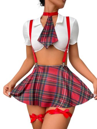 Жіночий комплект нижньої білизни JFAN: ролеплеї, мініспідниця, червоний в клітинку