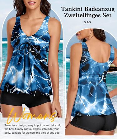 Танкіні жіночий купальник з високою талією, шорти, push-up, блакитний, XL