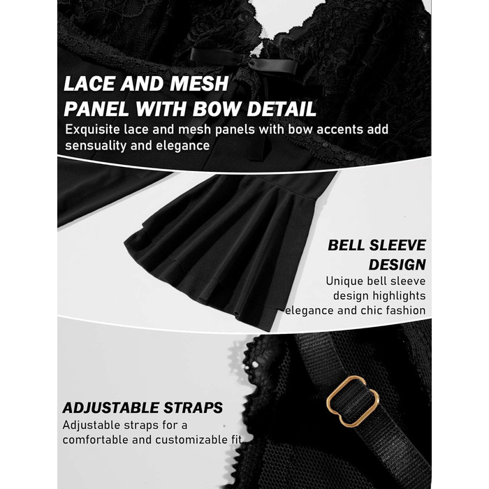 Жіночий комплект білизни AIEOE: мереживний халат-бандаж, нічна сорочка, babydoll, чорний