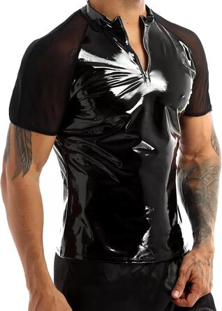 Чоловіча сорочка з лакованої шкіри, Wetlook, коротка, чорна - AIEOE