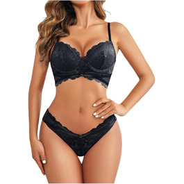 Жіноча сексуальна білизна: комплект бюстгальтера та трусиків з мереживом, з підняттям, на тонких бретелях, чорний, 80