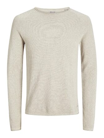 Чоловічий базовий в'язаний светр Jack & Jones з круглим вирізом, бавовняний, довгий рукав, колір Oatmeal (вівсяний)