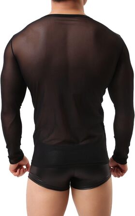 Чоловіча прозора чорна майка з довгим рукавом - нічна сорочка, сексуальна білизна, обтисла футболка з еластичних волокон, чорна майка-сітка L-XL