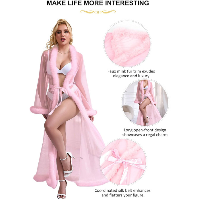 Жіночий халат Ohyeahlady Morgenmantel: сексуальний кімоно з тюлю та штучного хутра, довгий, прозорий, мереживний, для дому, великі розміри, XS-S, рожевий