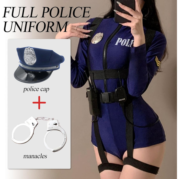 Костюм поліцейського 3-в-1 BDSMJOY для жінок, сексуальний косплей, аксесуари: наручники, шапка (блакитний, XXL)