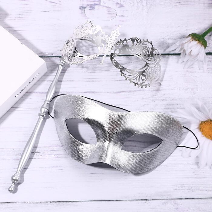 Венеціанська маска для пари JewelryWe з держаком, металева маска з кристалами Swarovski для карнавалу, Хелловіну, вечірки-маскараду (срібна)