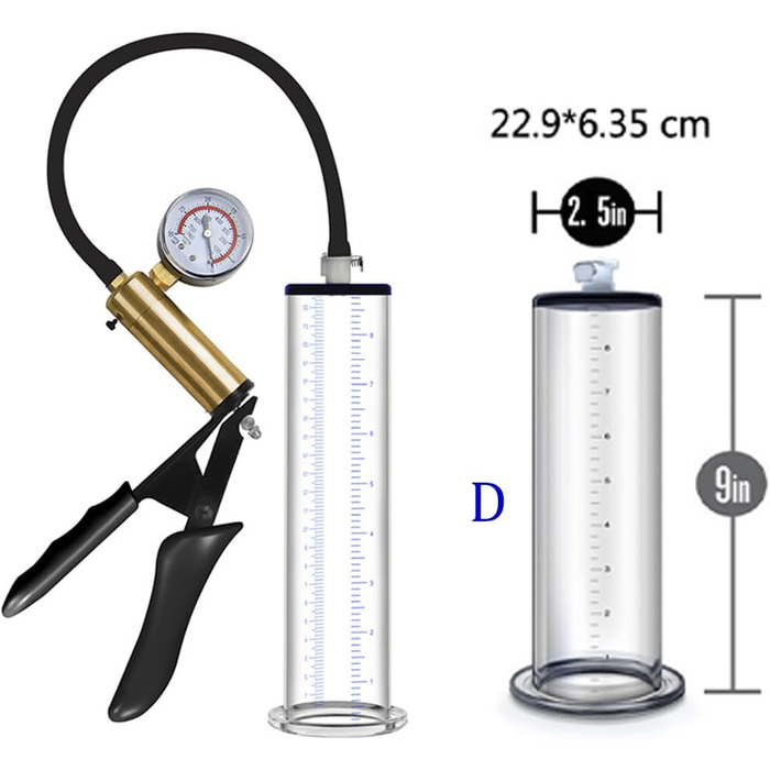 Насос для збільшення статевого члена Jpscor: преміум-насос з манометром та зручною ручкою, силіконовий, для чоловіків. SM-іграшка для ерекції. Розмір: 22,9 x 6,35 см