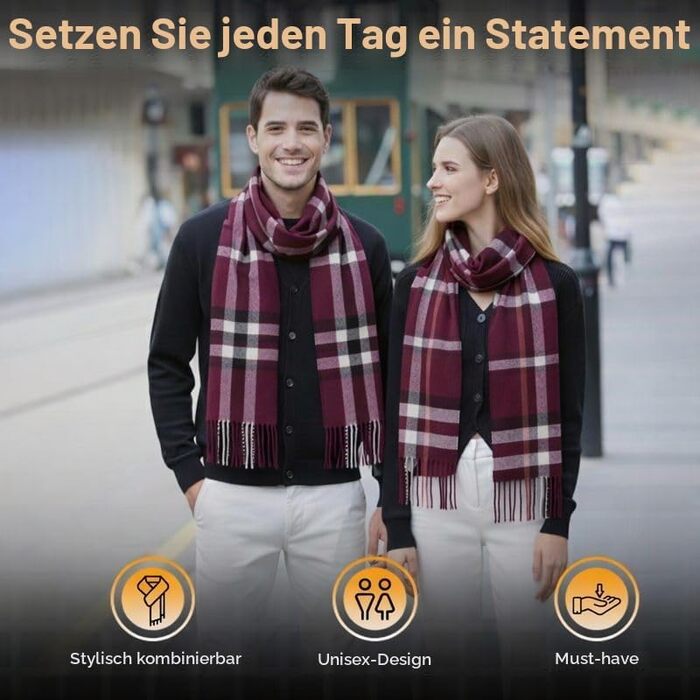Унісекс шарф у клітинку KARMA.DIEM London Style, м'який зимовий шарф для жінок та чоловіків, бордовий (Burgundy Red Tartan), 35x170 см