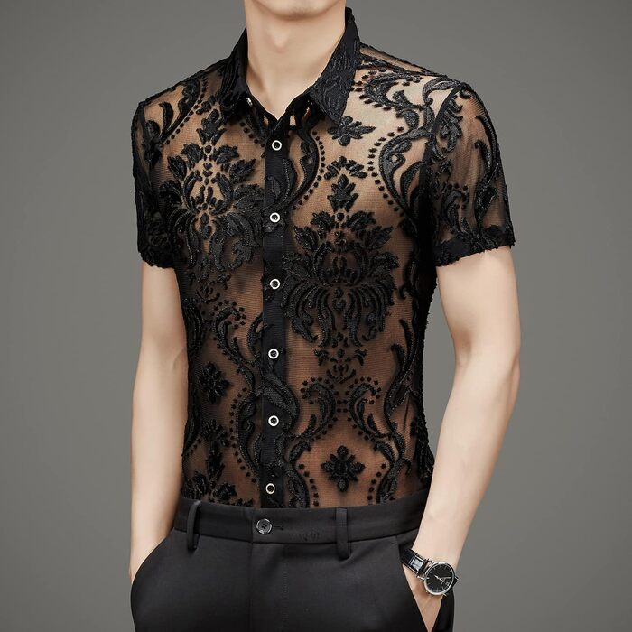 Прозора сорочка для чоловіків та жінок, сексуальна, з короткими рукавами, для нічного клубу, мереживна сорочка-сітка L CS02