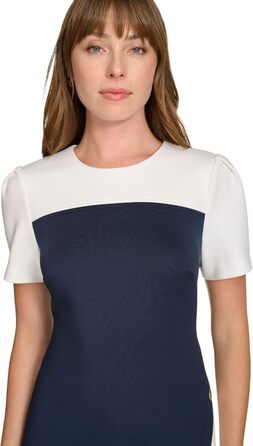 Сукня-футляр Tommy Hilfiger Scuba-Krepp, короткий рукав, з заклепками, асиметричний поділ, розмір 36-38, колір Sky Captain/Elfenbein