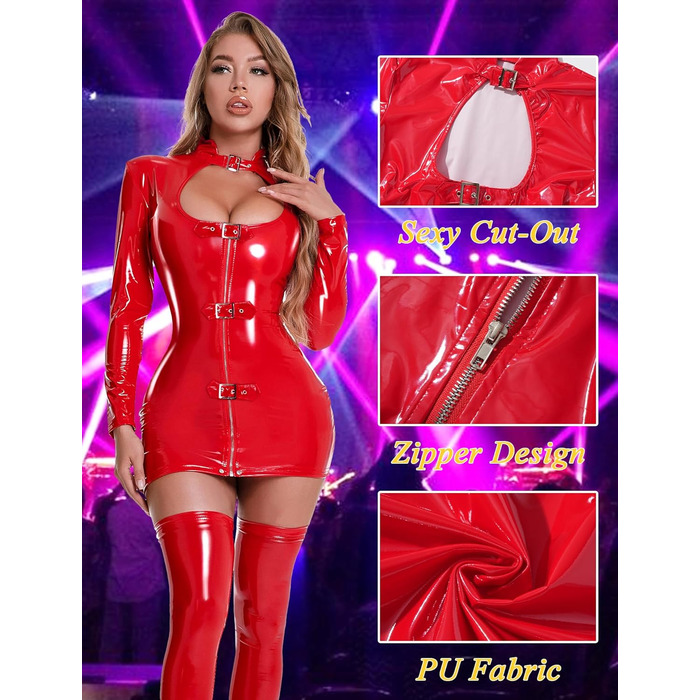 Сукня з еластичної шкіри FEOYA для жінок: сексуальний міні-дрес з блискавкою, для вечірок, клубів, косплею та коктейльних образів. Червоний колір.