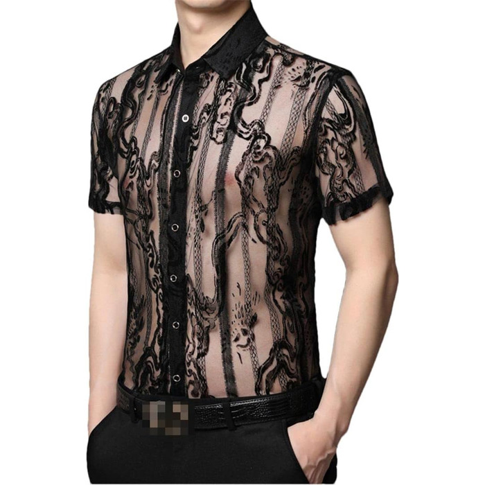 Чоловіча сорочка Deepsko з мереживом, прозора, літня, чорна
