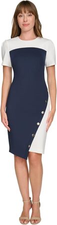 Сукня-футляр Tommy Hilfiger Scuba-Krepp, короткий рукав, з заклепками, асиметричний поділ, розмір 36-38, колір Sky Captain/Elfenbein