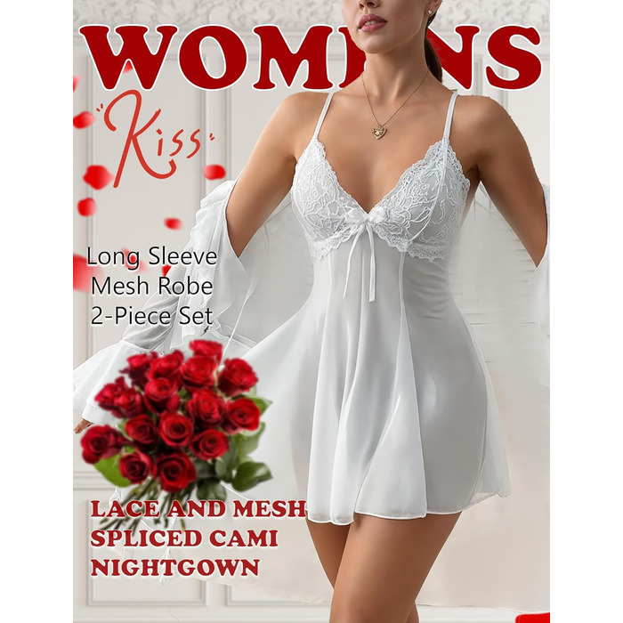 Жіночий комплект нижньої білизни AIEOE: мереживний халат-комбінезон з babydoll та нічна сорочка (білий, L)
