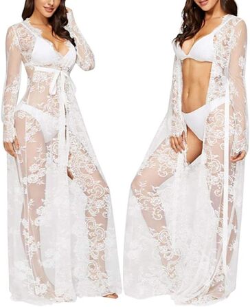 Шовковий халат-кімоно з V-подібним вирізом для жінок, білий. Халат з мереживом, квітковим візерунком, з поясом. Ідеальний для вечірки, весільної ночі або Дня святого Валентина.