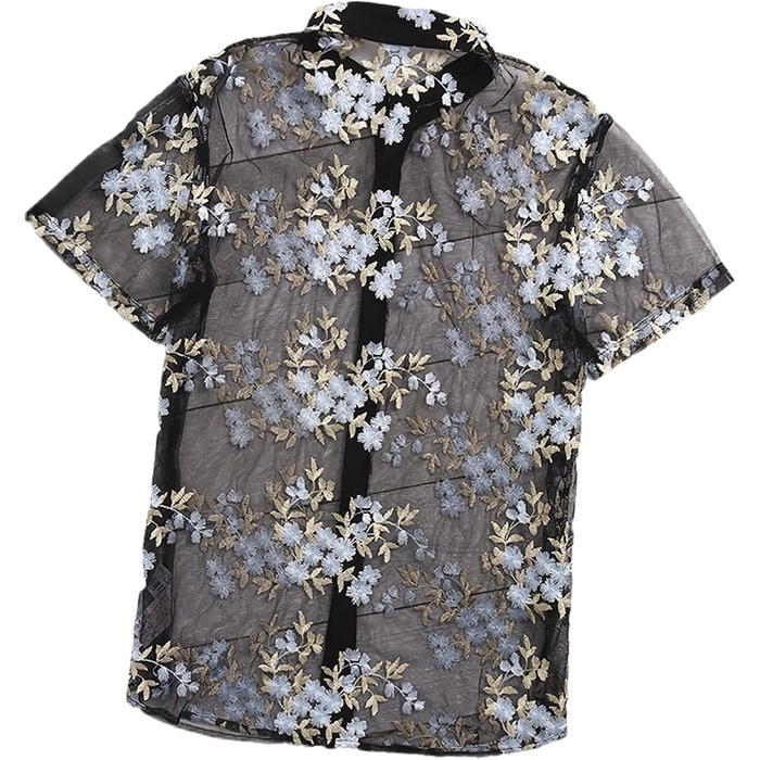 Чоловіча сорочка з коротким рукавом, квітковий вишитий мереживний топ, прозора сорочка, чорний колір, розмір XXXXX-Large