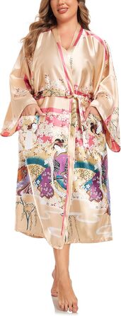 Халат кімоно для жінок, великі розміри, сатин, легкий, японський стиль, плюс сайз, халат для ванни, юката (Sakura Ukiyoe Champagne, XXL)