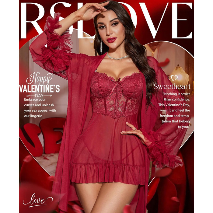 RSLOVE Комплект сексуальної білизни для жінок - мереживний комплект ніжної білизни Babydoll з халатом, 2-частинний, Negligee, нічна сорочка, бордовий