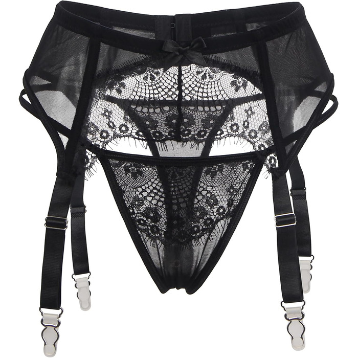 Жіночий мереживний стрінг-ремень, великі розміри, сексуальний стрінг для стегон, з 4 вінтажними ремінцями, кліпсами, чорний (10)