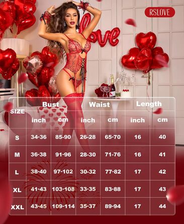 Комплект нижньої білизни RLOVE для жінок: піжама, део-сет, babydoll, 4-частинний комплект з бантиком, нічна сорочка, мультикольорове серце, білий (L, червоний)