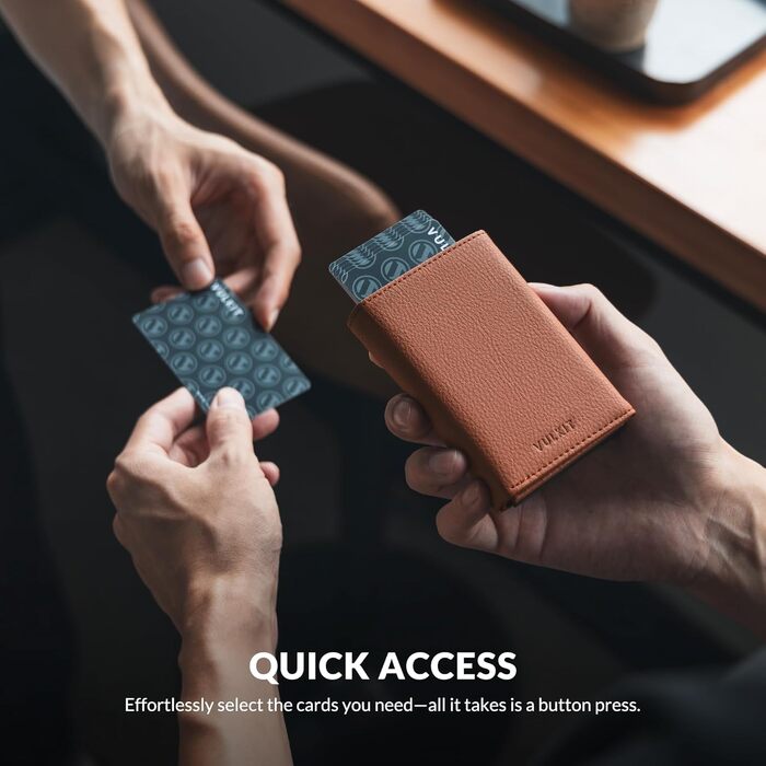 Шкіряний гаманець-картхолдер VULKIT з RFID-захистом, Pop-Up системою, відділенням для купюр, монет та вікном для ID (Sepia)