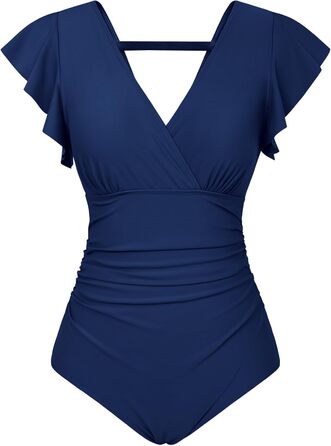 GRACE KARIN Купальник суцільний з животом, V-подібний виріз, монокіні, фігуруючий верх, рукава-крила, літній, одноцільний (XL, Темно-синій)
