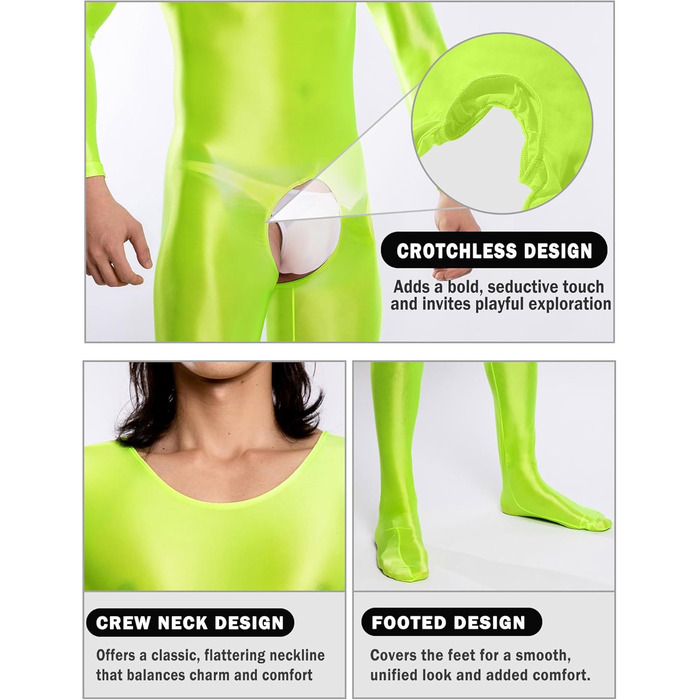 Комбінезон чоловічий AIEOE з відкриттям спереду, прозорий еластичний костюм, Strampler Overa Einteier, розмір S (зелений)