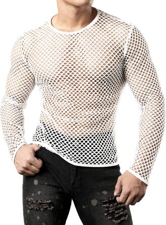 Чоловіча футболка JOGAL з довгим рукавом з мережива, прозора, військово-зелена (XXL, білий)