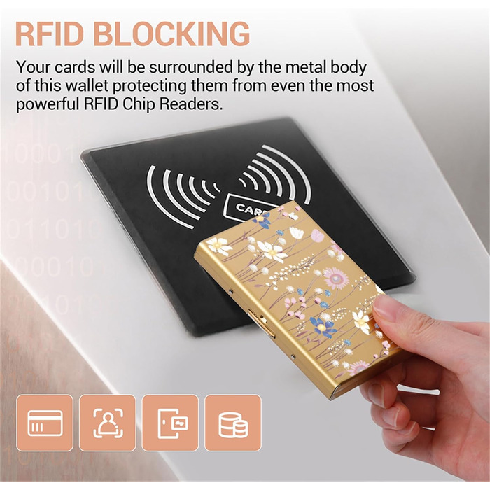 Металевий картхолдер з RFID-захистом від скіммінгу, ультратонкий гаманець для банківських карток (6 слотів, золото, з квітковим принтом) для жінок та чоловіків