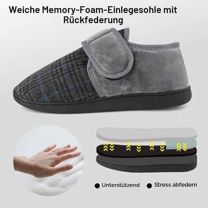 Чоловічі теплі домашні капці TIESTRA для літніх людей з Memory Foam, широка стопа, флісові тальпочки з липучкою (41 EU, сірі в смужку)