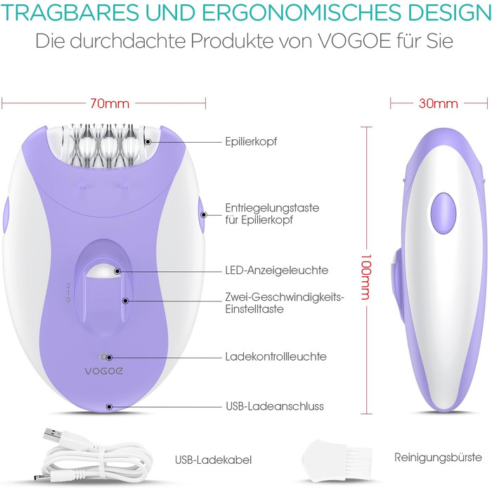 Електричний епілятор для жінок VOGOE HR110 з 21 пінцетом та LED-підсвіткою, акумуляторний пристрій для видалення волосся на ногах та руках, 2 швидкості (Фіолетовий)