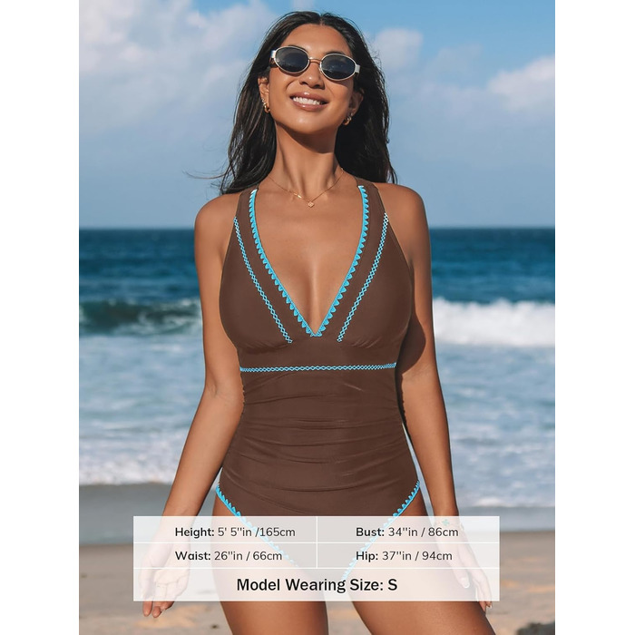 CUPSHE купальник цілісний з V-подібним вирізом, з драпіруванням, регульовані бретелі, перехресні зав'язки, коричневий petrol (XS)