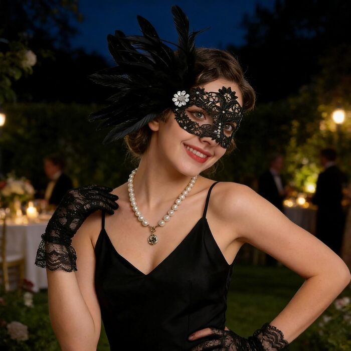 Маска та рукавички для жінок, венеціанський карнавал, чорний колір, для маскараду та костюмованих вечірок