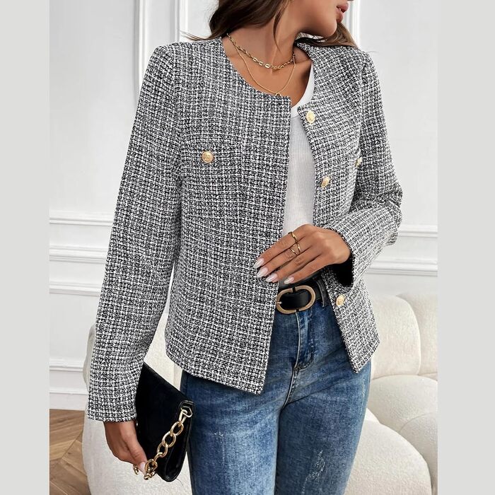 Жіночий твідовий блейзер-жакет з довгим рукавом, бізнес-кежуал піджак з круглим вирізом, чорний, розмір L