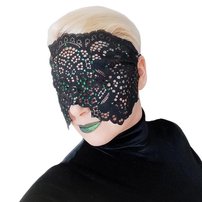 Ручна вишита мереживна маска на обличчя з камінням для жінок, чорна маска для маскараду, балу, карнавалу, весілля, бурлеску, косплею, Марді Гра (чорний колір, зелені камінці)
