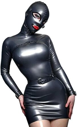 Латексний костюм з маскою для жінок та чоловіків, металік чорний XL, ручної роботи, з поясом