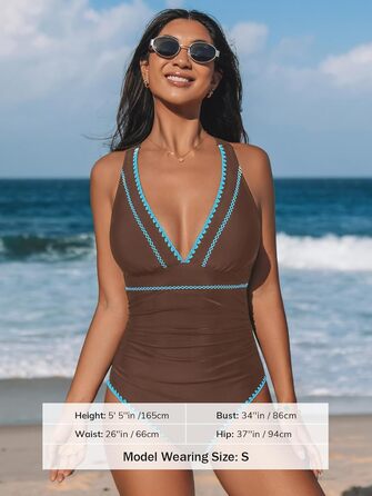 CUPSHE купальник цілісний з V-подібним вирізом, з драпіруванням, регульовані бретелі, перехресні зав'язки, коричневий petrol (XS)