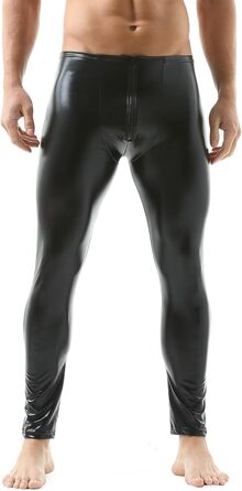 Чоловічі штани-легінси з екошкіри QiaTi, чорні, на блискавці, облягаючі