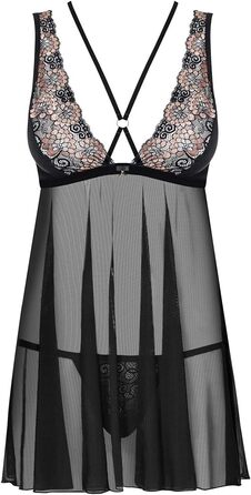 Сексуальний жіночий комплект спідньої білизни з мереживом: babydoll та танга, подарункова коробка (S-M, чорний з золотою мереживою)