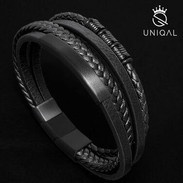 Шкіряний чоловічий браслет UNIQAL 'BLACK SHAPE' зі сталі та натуральної шкіри, 21 см, у подарунковій коробці, чорний